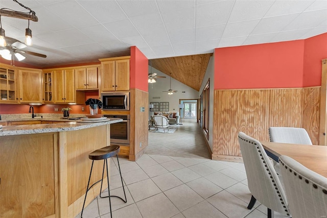 kitchen with ceiling fan, appliances with stainless steel finishes, a sink, light stone counters, and glass insert cabinets