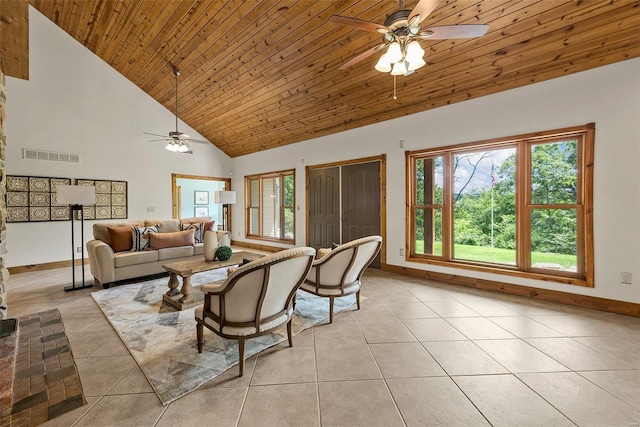 living room featuring a ceiling fan, light tile patterned floors, high vaulted ceiling, baseboards, and wooden ceiling