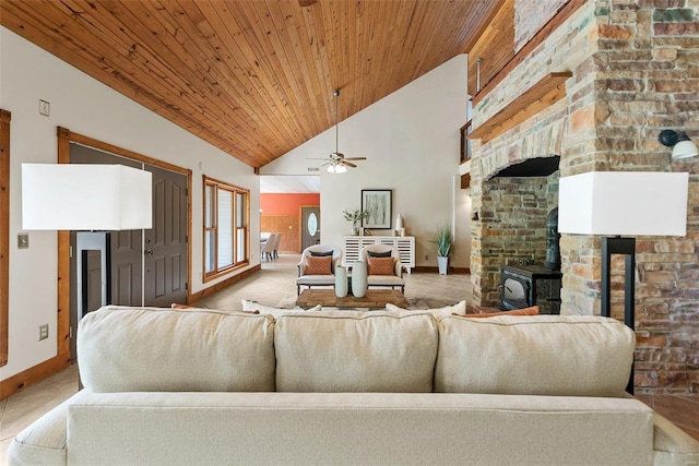 living area with high vaulted ceiling, a ceiling fan, a wood stove, carpet flooring, and wood ceiling