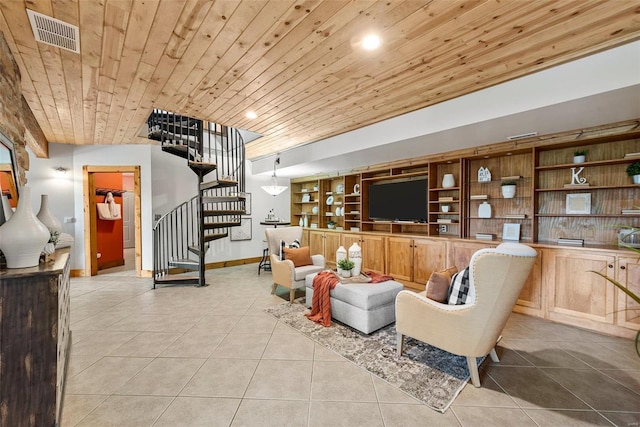 living area featuring wooden ceiling, light tile patterned floors, stairway, baseboards, and recessed lighting