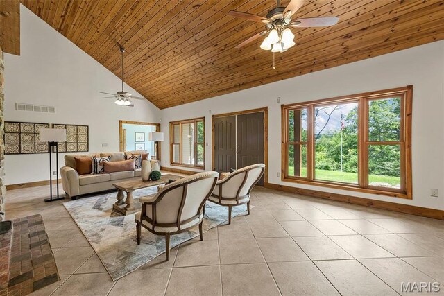 17102 Deer Mountain Rd, Marthasville, MO 63357 - living area featuring ceiling fan, light tile patterned floors, high vaulted ceiling, baseboards, and wooden ceiling