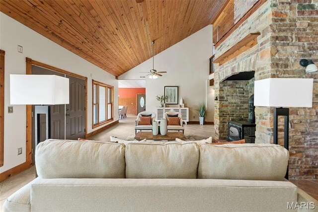 17102 Deer Mountain Rd, Marthasville, MO 63357 - living area featuring high vaulted ceiling, ceiling fan, a wood stove, carpet, and wooden ceiling