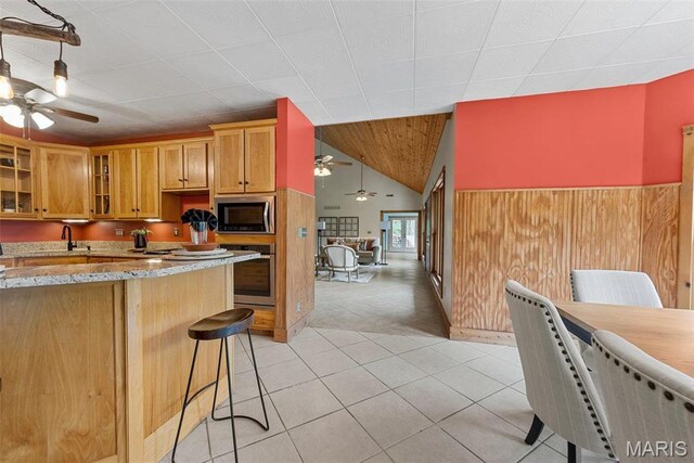 17102 Deer Mountain Rd, Marthasville, MO 63357 - kitchen with ceiling fan, appliances with stainless steel finishes, a sink, light stone countertops, and glass insert cabinets