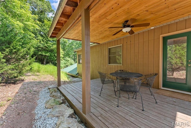 17102 Deer Mountain Rd, Marthasville, MO 63357 - wooden terrace featuring a ceiling fan and outdoor dining space