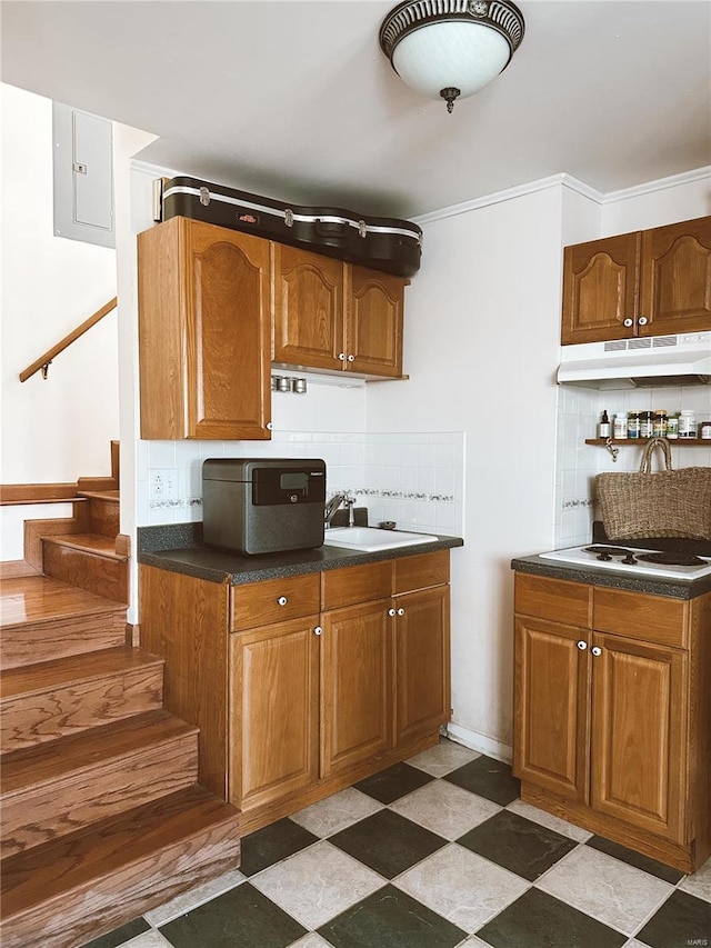 kitchen featuring under cabinet range hood, tasteful backsplash, a sink, and dark countertops