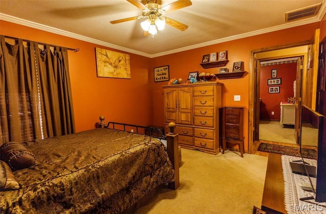 702 S 525th Rd, East Prairie, MO 63845 - bedroom with light carpet, crown molding, and a ceiling fan