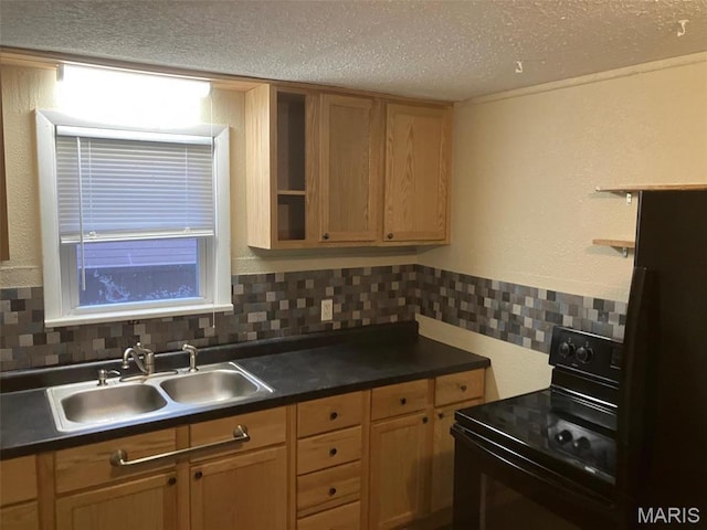 708 E Pear Ave, Owensville, MO 65066 - kitchen featuring black / electric stove, a sink, decorative backsplash, dark countertops, and a textured ceiling