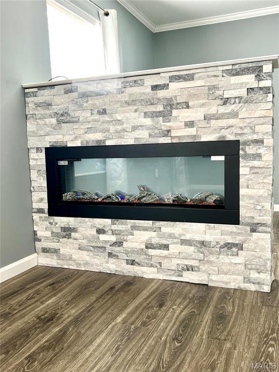 792 County Road 466, Poplar Bluff, MO 63901 - detailed view of wood finished floors, a stone fireplace, crown molding, and baseboards