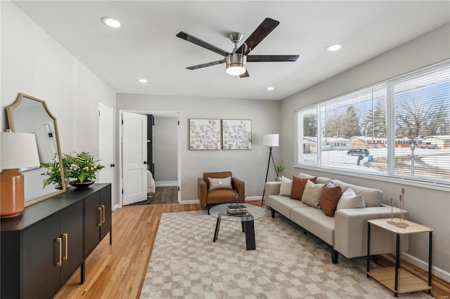 11567 Joslyn Ct, Saint Louis, MO 63138 - living area featuring ceiling fan, light wood finished floors, baseboards, and recessed lighting