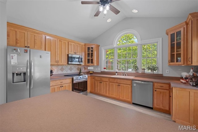 850 Aj Farm Ln, Washington, MO 63090 - kitchen featuring appliances with stainless steel finishes, a sink, glass insert cabinets, a ceiling fan, and lofted ceiling