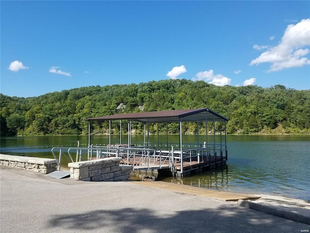 dock area with a wooded view and a water view