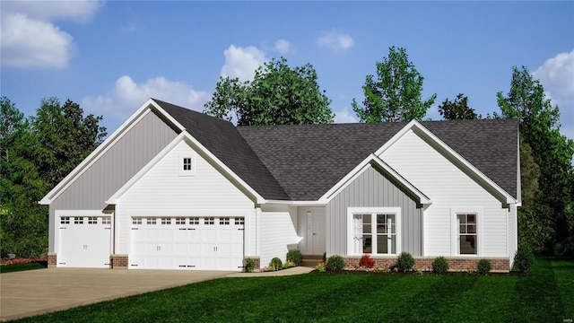 view of front facade with board and batten siding, concrete driveway, an attached garage, and roof with shingles