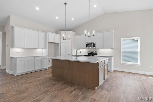 2995 Halls Green Dr, Washington, MO 63090 - kitchen with stainless steel appliances, vaulted ceiling, a chandelier, light wood-style floors, and a sink