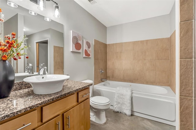 full bath with finished concrete flooring, a bath, vanity, and toilet