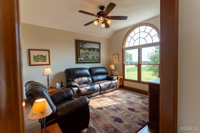 13112 Heritage Ln, Pocahontas, IL 62275 - living room with ceiling fan, lofted ceiling, and baseboards