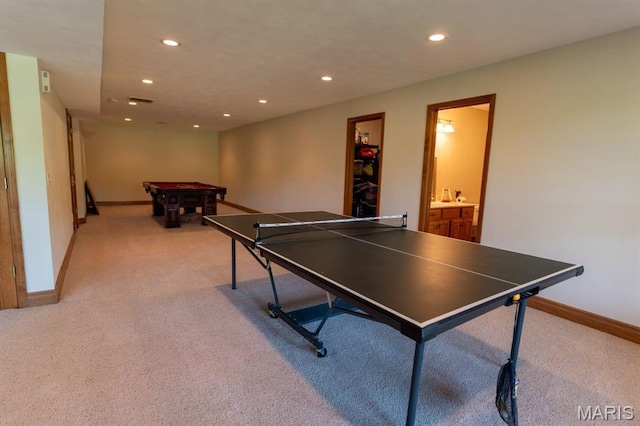 13112 Heritage Ln, Pocahontas, IL 62275 - rec room with light carpet, recessed lighting, billiards, and baseboards