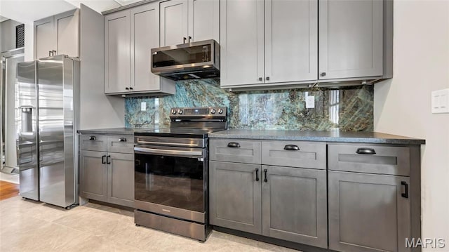 3258 Walter Ave, Saint Louis, MO 63143 - kitchen with stainless steel appliances, gray cabinetry, tasteful backsplash, and dark countertops