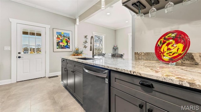 3258 Walter Ave, Saint Louis, MO 63143 - kitchen featuring stainless steel dishwasher, a sink, ornamental molding, light stone countertops, and baseboards