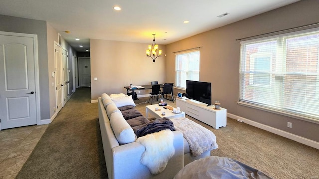 living room featuring a chandelier, recessed lighting, carpet floors, and baseboards