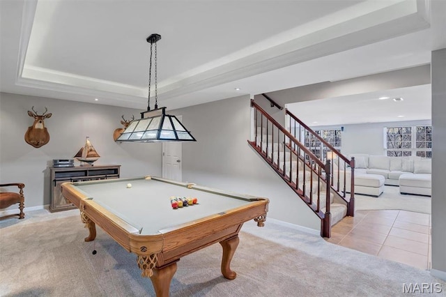 997 Sheffield Forest Ct, Wildwood, MO 63021 - rec room featuring light colored carpet, a tray ceiling, pool table, baseboards, and recessed lighting