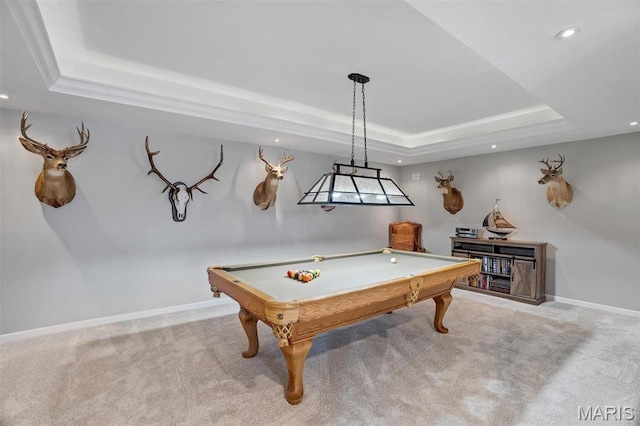 997 Sheffield Forest Ct, Wildwood, MO 63021 - game room with a tray ceiling, recessed lighting, light carpet, and billiards