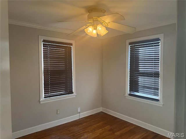 9100 Gedde Ave, Saint Louis, MO 63134 - unfurnished room featuring dark wood-style flooring, baseboards, ceiling fan, and ornamental molding