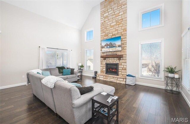 1201 Aster Ct, St James, MO 65559 - living area featuring high vaulted ceiling, dark wood-style flooring, a fireplace, and baseboards