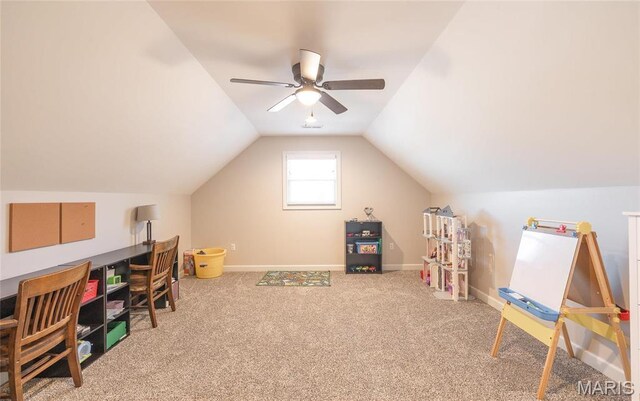 1201 Aster Ct, St James, MO 65559 - rec room with carpet flooring, lofted ceiling, a ceiling fan, and baseboards