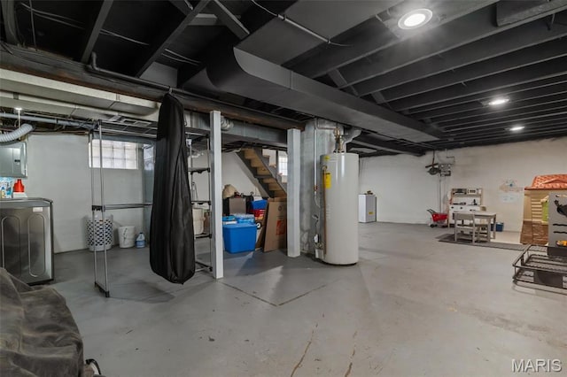 5839 W Park Ave, Saint Louis, MO 63110 - below grade area with gas water heater, stairway, washer / clothes dryer, and electric panel