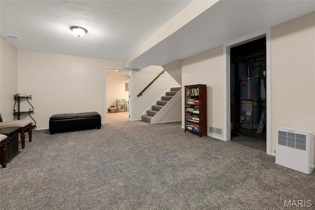 13459 Coliseum Dr, Chesterfield, MO 63017 - living area featuring water heater, carpet flooring, and stairway