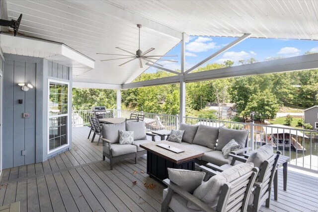 29420 Park Ave, Gravois Mills, MO 65037 - wooden terrace featuring outdoor lounge area and a ceiling fan
