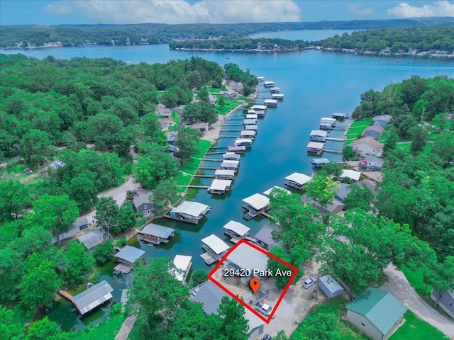 29420 Park Ave, Gravois Mills, MO 65037 - view of property location featuring property boundaries highlighted, a nearby body of water, and a forest