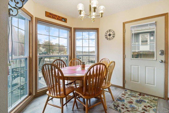 29422 Park Ave, Gravois Mills, MO 65037 - dining area with a chandelier, plenty of natural light, light wood-style floors, and baseboards