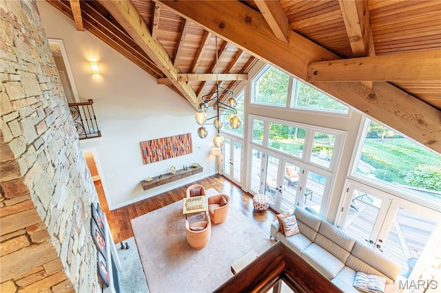 16 Holiday Ln, Saint Louis, MO 63131 - dining room featuring french doors, wood ceiling with exposed beams, high vaulted ceiling, wood finished floors, and baseboards