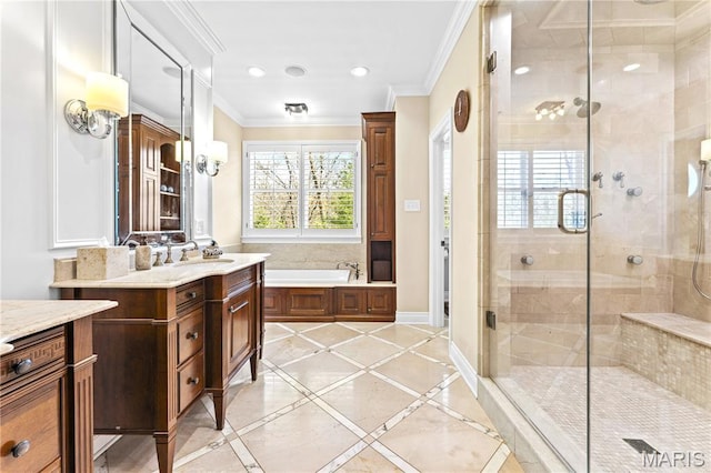 16 Holiday Ln, Saint Louis, MO 63131 - full bath featuring vanity, a bath, a stall shower, crown molding, and baseboards