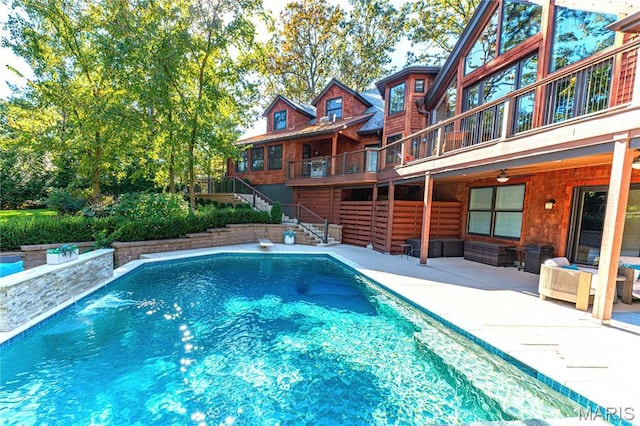 16 Holiday Ln, Saint Louis, MO 63131 - outdoor pool featuring stairway, an outdoor living space, a patio, and ceiling fan