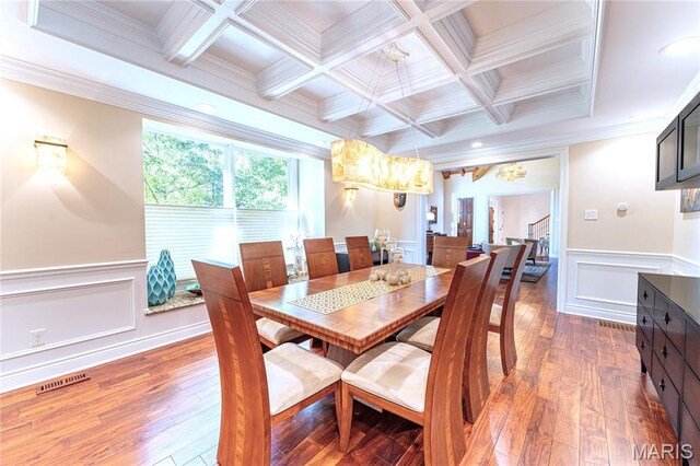 16 Holiday Ln, Saint Louis, MO 63131 - dining room featuring beamed ceiling, coffered ceiling, hardwood / wood-style flooring, crown molding, and stairs