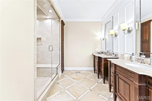 16 Holiday Ln, Saint Louis, MO 63131 - bathroom with baseboards, a stall shower, two vanities, crown molding, and inlaid floor details