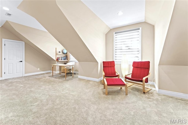16 Holiday Ln, Saint Louis, MO 63131 - living area featuring vaulted ceiling, carpet floors, and baseboards