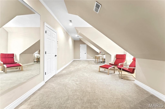 16 Holiday Ln, Saint Louis, MO 63131 - sitting room featuring carpet floors, vaulted ceiling, crown molding, and baseboards