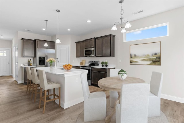 kitchen with stainless steel appliances, dark brown cabinets, a kitchen breakfast bar, light wood finished floors, and baseboards