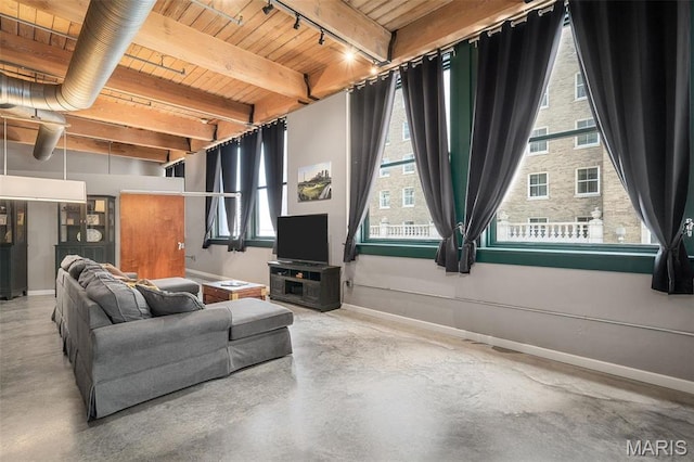 901 Washington Ave Unit 304, Saint Louis, MO 63101 - living room with concrete floors, a wood ceiling with exposed beams, and rail lighting