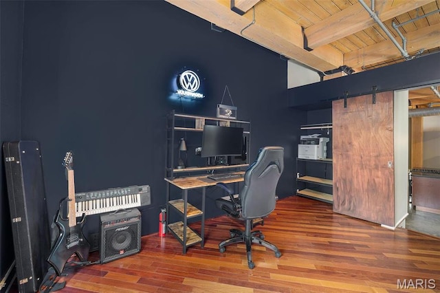 901 Washington Ave Unit 304, Saint Louis, MO 63101 - home office with a wood ceiling with exposed beams, wood finished floors, and a barn door