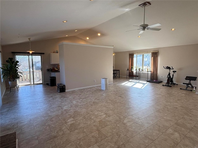 809 Cambridge Dr, Rolla, MO 65401 - unfurnished living room featuring a ceiling fan, baseboards, light stone finish floors, high vaulted ceiling, and recessed lighting