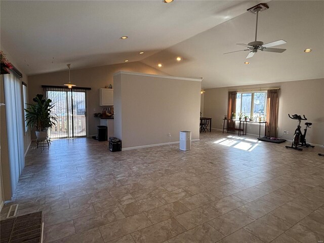 809 Cambridge Dr, Rolla, MO 65401 - unfurnished living room featuring vaulted ceiling, baseboards, a ceiling fan, recessed lighting, and stone finish flooring