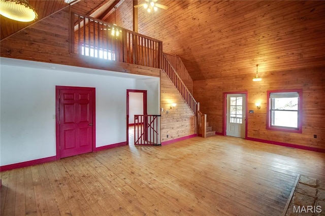 40 Country Ln, Wood River, IL 62095 - bonus room featuring high vaulted ceiling, wood walls, hardwood / wood-style floors, baseboards, and wood ceiling