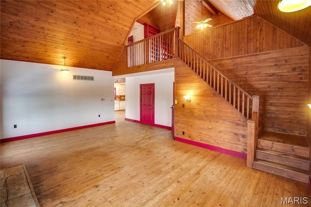 40 Country Ln, Wood River, IL 62095 - unfurnished living room featuring wooden ceiling, high vaulted ceiling, stairs, wood walls, and baseboards