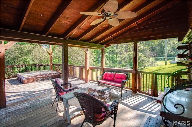 40 Country Ln, Wood River, IL 62095 - deck featuring a covered hot tub, ceiling fan, and an outdoor living space