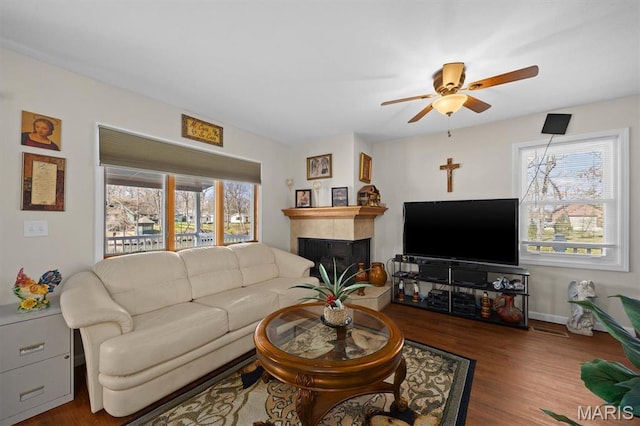 10949 Clearwater Ln, Plainview, IL 62685 - living room featuring healthy amount of natural light, ceiling fan, wood finished floors, and a tiled fireplace