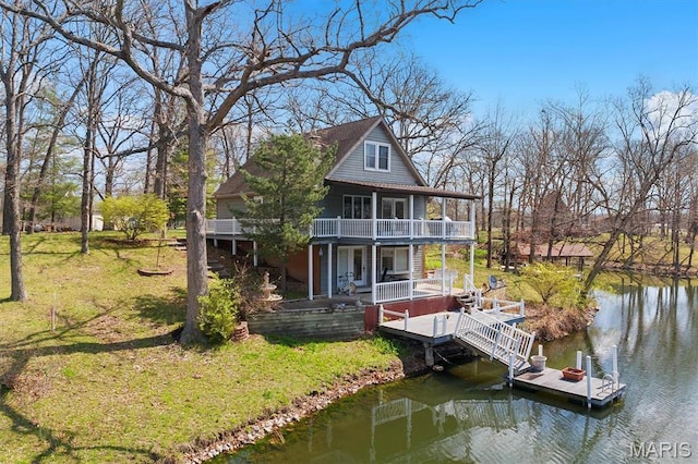 10949 Clearwater Ln, Plainview, IL 62685 - dock featuring a yard, a deck with water view, and stairs